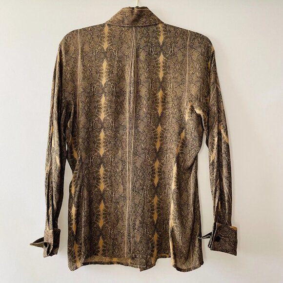 Pomodoro Womens Brown Gold Tapestry Style Print Silk Button Up Shirt Size 6 - Picture 2 of 8